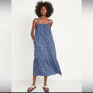 Old Navy Blue & White Floral Maxi Dress with Back Tie Medium